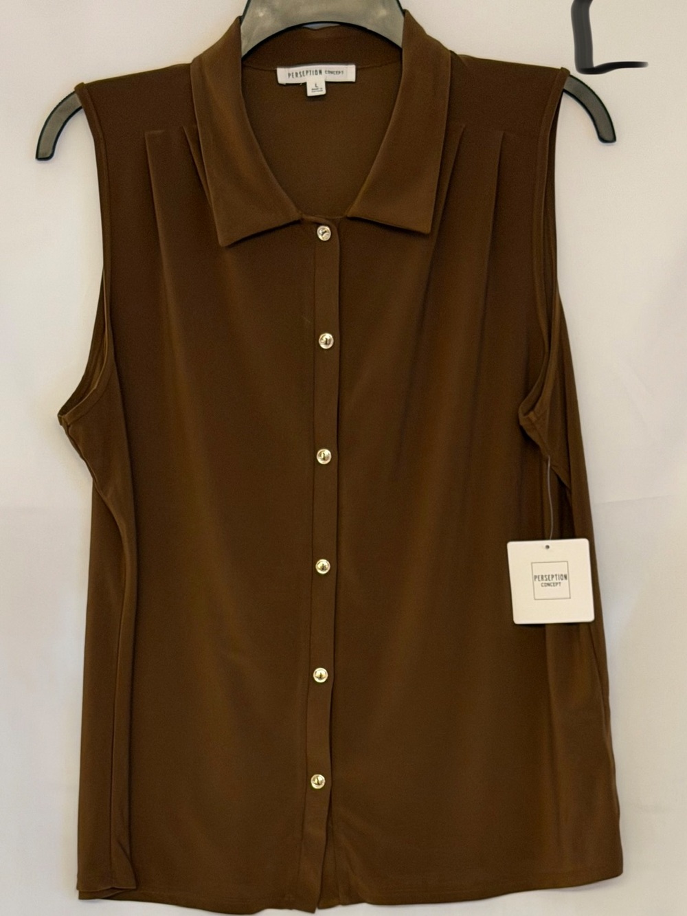 PerSeption Concept Brown Sleeveless Collared Button-Down Top